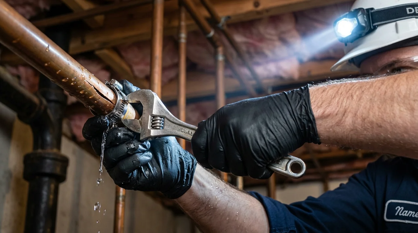 Emergency pipe clamp repair being performed by a Johns Plumbing LLC plumber in Tariffville