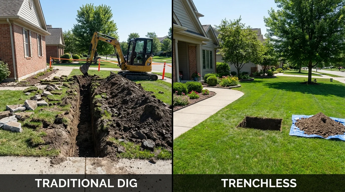 Trenchless sewer repair with minimal yard damage versus traditional excavation in Tariffville, CT
