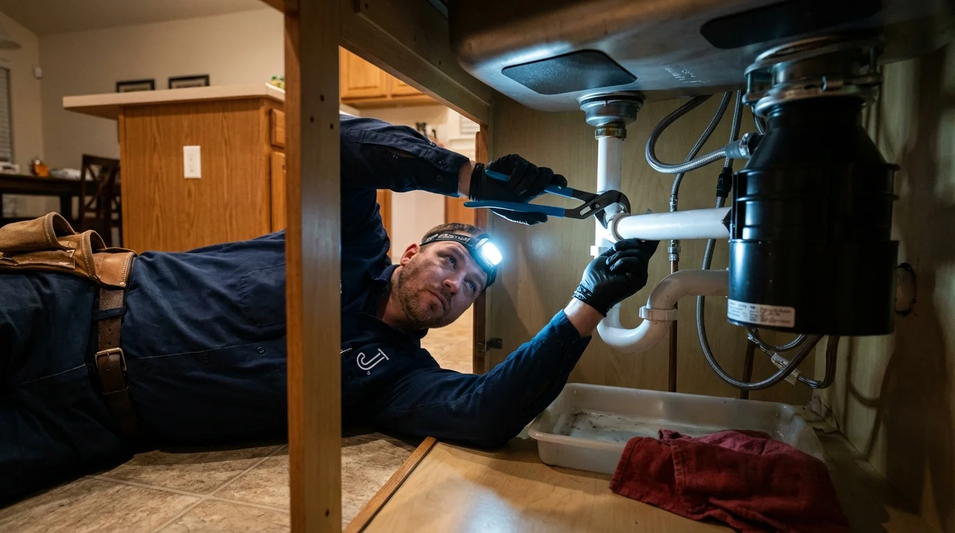 P-trap and supply line connections under a kitchen sink showing a common leak point in Tariffville, CT